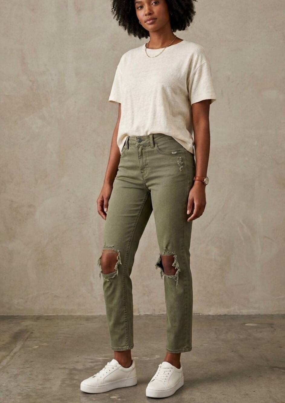 American Eagle Tomgirl Distressed Olive Green Jeans Size 8 Long